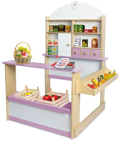 Coemo Kaufmannsladen Kinder Kaufladen Lilly Holz Verkaufsstand mit 3 Schubladen Schrank Uhr Theke Seitentheke Farbe Rosa-weiß