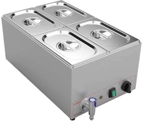 Valgus Commercial Scaldavivande a bagnomaria in acciaio inox a 4 sezioni 16 Qt con coperchio e rubinetto per casa, catering, ristoranti