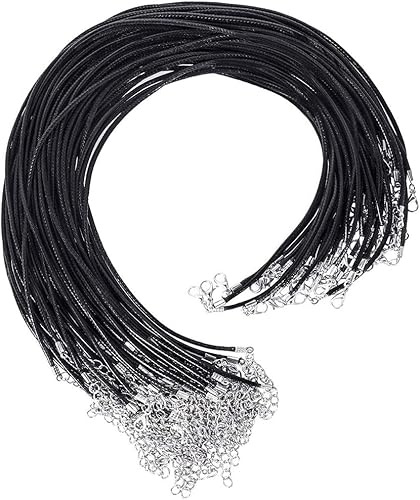 Schwarzes Wachsseil, 40 Stück Gewachste Baumwollschnur, Schwarz Halskette Schnur, Schwarz Lederband Kette mit Verschluss für DIY Schmuck Halskette Leder Basteln Schmuckherstellung (2mm)