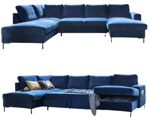 MIUFORM Lofty Lilly, 8er Ecksofa mit Schlaffunktion, Links, Navy Blau | Velours Sofa mit Schlaffunktion, Schlafsofa mit Bettkasten, Wohnlandschaft U Form, 303x197x84cm, Couch mit Schlaffunktion