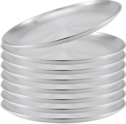 SINJEUN 8 PCS 26 cm Stainless Steel Dinner Plates, 10 Inch Unbreakable Metal Plates, Brushed Metal Serving Dishes for Camping, Eating, BBQ, Steak, Salad, Silver