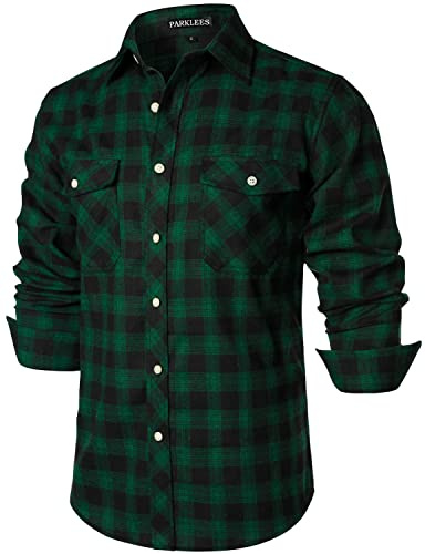 PARKLEES Herren Freizeithemden Regular Fit Button Down Check Kariert Flanellhemden mit Taschen