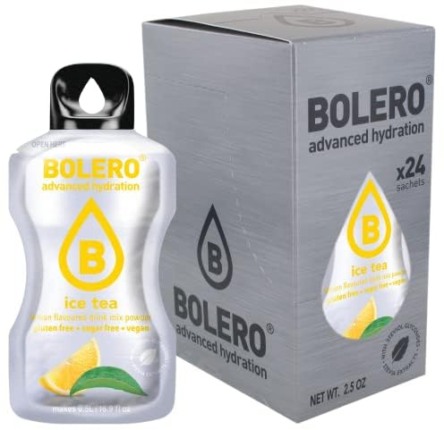 Boléro ICE TEA LEMON 24x3g | Jus en poudre sans sucre, édulcoré à la stévia + vitamine C | pour enfants et sportifs | sans gluten, végétalien | thé glacé saveur citron