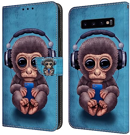 BLOTECH for Samsung Galaxy S10 Plus Case 3D PU Leather Flip Wallet Cover Glitter Leather Shockproof Wallet Handset Shell Cellphone Skin Pouch Cover for Samsung Galaxy S10 Plus,Cute little monkey