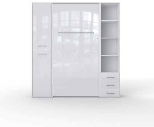 MAXIMAHOUSE Schrankbett vertikal Invento LED 90V (90x200) mit 2 praktischen Regalen, Teenager-Zimmer Jugendzimmer, gasdruckfeder Wandklappbett mit Lattenrost aus Holz