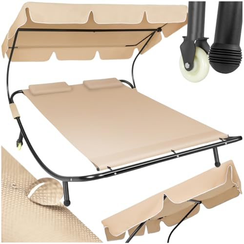 tectake® Tumbona Doble de Jardín, Tumbona de Playa con Parasol Plegable, Tumbonas de Piscina para Dos, para Jardín Exterior con 2 Ruedas y Cojines, Fácil Montaje, Interior y Exterior - Negro/Beige