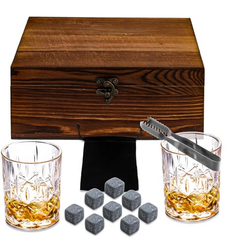 Whiskeyglas 2er Set - Bourbon Steine Geschenk für Männer inklusive Kristall Whisky Rocks Gläser, Kühlsteine, Scotch Gläser in Holzbox Wisky Burbon Ruhestandsgeschenke