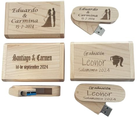 Regalo Grabado - 25 Memorias Personalizadas 32GB o 64 GB USB 3.0 | Pendrive con Caja Madera Natural | Grabado de Texto o Logo Boda, Cumpleaños, Empresa | Unidades (25)