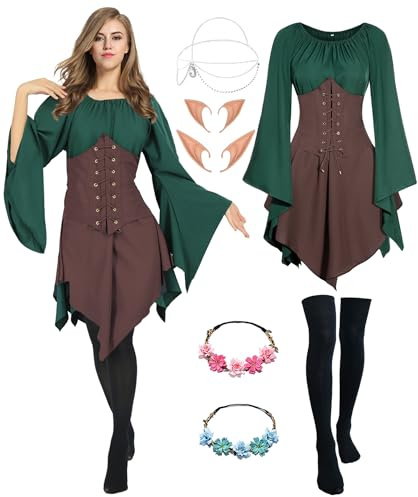Mittelalter Renaissance Kostüme Kleid Damen Trompetenärmel Gothic Retro Kleidung Karneval Kostüm Piraten Elfen Cosplay Outfit mit Elfenohren Haarschmuck Overknee Socken für Fasching Halloween VL025S