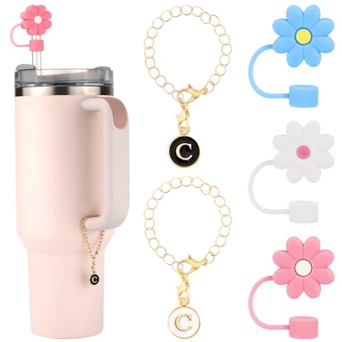3pcs Couvercle de Paille pour Stanley 30/40oz Tasse, 10mm Bouchon de Paille en Silicone Fleur & 2pcs Personnalisées Lettre Charmes d'Identification/Nom Straw Cover Accessoires pour Gobelets(C)