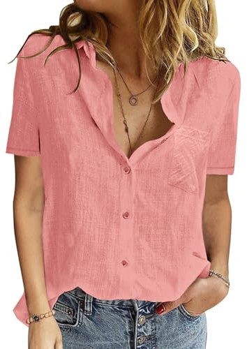 PASUDA Chemise Femme Haut ÉTÉ pour Femmes Chic et Élégant Coton Lin T-Shirt Manche Courte Col en V Chemisier Tunique Tops avec Boutons D'été Décontractés Ample Couleur Unie Blouse (Rose, M)