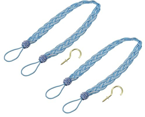 QUARKZMAN 2 Piezas de Abrazaderas para Cortinas, 58cm/23 Cordón Decorativo para Sujetar Cortinas con 2 Ganchos Metálicos, Azul/Plata