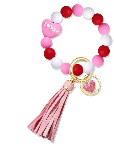 boderier Silikon-Armband, Schlüsselanhänger, Armreif, Schlüsselanhänger, tragbar, Hausschlüssel, Ringhalter mit Quaste, rosa herz, Large