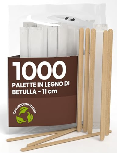 1000 Palette Lunghe per Caffè e Cappuccino Monouso in Legno di Betulla da 11cm, Imbustate Singolarmente, Biodegradabili e Compostabili, Resistenti al Calore per Mescolare Caffè e Bevande