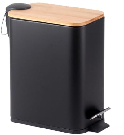 HOMION Cubo de basura con pedales para baño, 5 L, delgado, rectangular, extraíble, delgado, fácil de limpiar, 5 litros, acero inoxidable (negro con tapa de bambú)