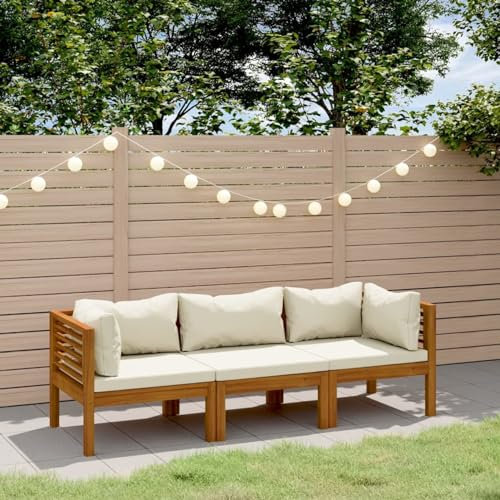Tidyard 3-Sitzer Gartensofa Gartenmöbel Balkonmöbel Gartenliege Loungebett Gartenbett Gartenlounge Sofa Couch Loungesofa Terrassensofa mit Creme Kissen Massivholz Akazie