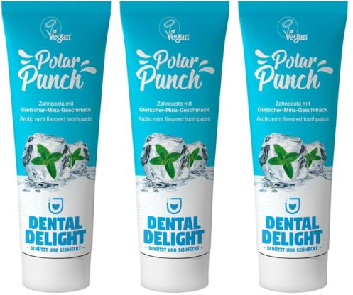 DENTAL DELIGHT 1 x Zahncreme Polar Punch Minze-Gletscher Geschmack, vegan klimaneutral ohne Mikroplastik (Packung mit 3)