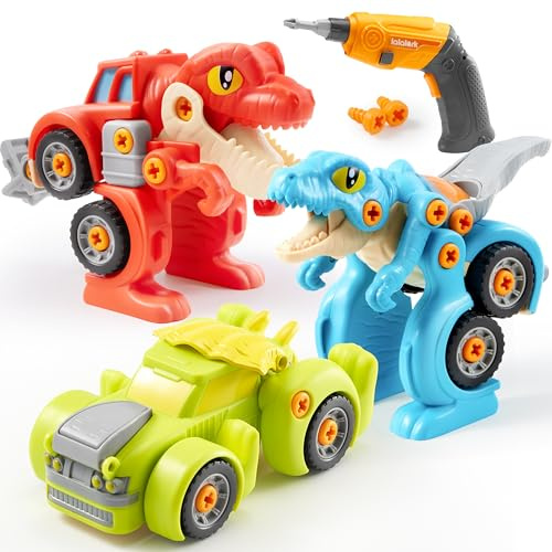 lalalark Dinosaur Toys, 3 Pack Take Apart Dinosaur Playset with Electric Drill, Transforming Construction Building Toys, Two-Way Switch, Play Cars Toy for Boys Girls, Birthday Gifts