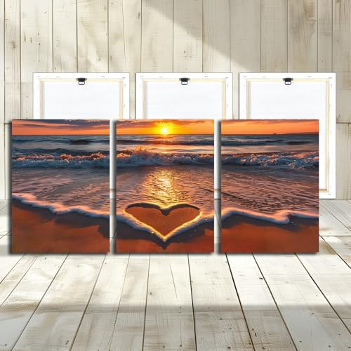 Beach Decor Canvas Wall Art - 3 Panel Sea Wave Sunset Love Painting Canvas Print Home Office Decorations for Living Room Seascape Modern Artwork Ocean Painting Pictures for Bedroom 12''x16''