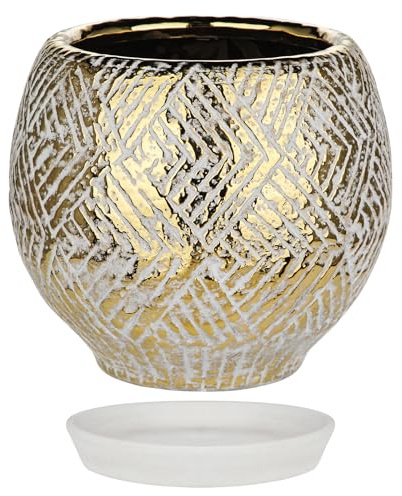 Hollyone Gold Pflanztöpfe, 16.5 cm Keramik Sukkulententöpfe Klein Blumentöpfe mit Drainage und Untersetzer, Rund Übertöpfe Dekorative Keramiktopf für Zimmerpflanzen Orchideen Kräutertöpfe