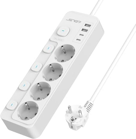 JSVER Regleta Enchufe con 4 Tomas y 4 Puertos de USB,Regleta con Interruptor Individual Enchufe Alargador Multiple con 2 USB C& 2 C,Cable 2m-Blanco