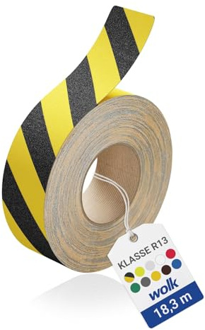 wolk Antirutsch Klebeband R13 Gelb/Schwarz – 50 mm x 18,3 m | Selbstklebendes Antirutschband für Treppen & Außenbereiche – zertifiziert nach BGR 181