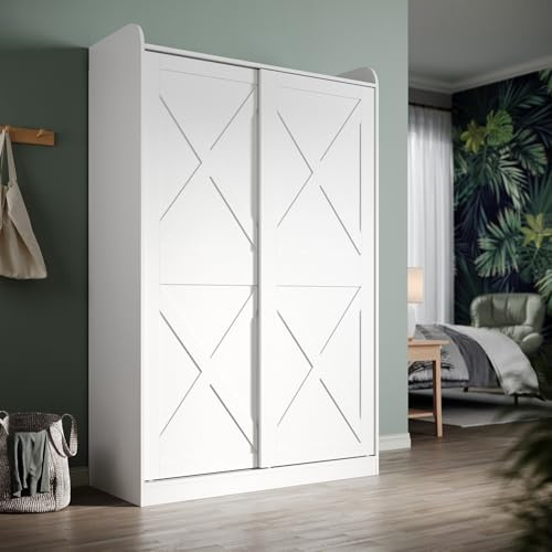 ZANOFIRA 2 Sliding Doors Wardrobe with Aluminium Hanging Rail, Modern Matt White Wardrobes with Large Capacity for Bedroom, W118xD50xH186cm