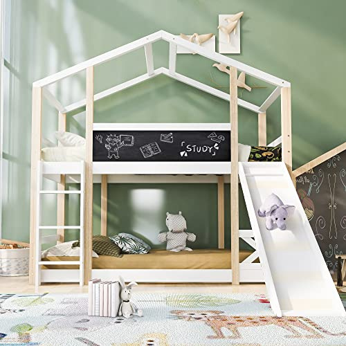 Moimhear Cama infantil con tobogán y escalera de 90 x 200 cm, cama alta para niños, 2 somieres, color natural y blanco