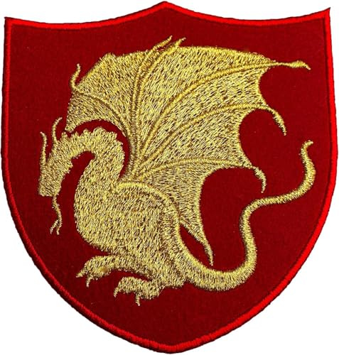 King Arthur Pendragon Patch (10,2 cm) roter Samt + goldfarbene Stickerei zum Aufbügeln oder Aufnähen, Abzeichen Drachenemblem, Merlin Kostüm, Cosplay, Umhang, Mantel, Jacke, Geschenk Patches