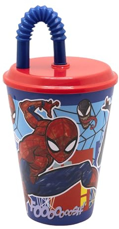 Stor Bicchiere Bambini con Coperchio e Cannuccia Spider-Man 430ml - Bicchiere Riutilizzabile in Plastica Resistente - Anti-Goccia