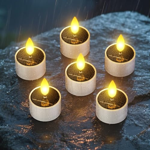 SoulBay Solari per Esterni, 6 pezzi Impermeabili Candele Finte LED Solari Ricaricabili Fiamma Decorative Tea Light per Esterni Balcone Giardino Lanterna Stanza Natale Decorazioni Casa