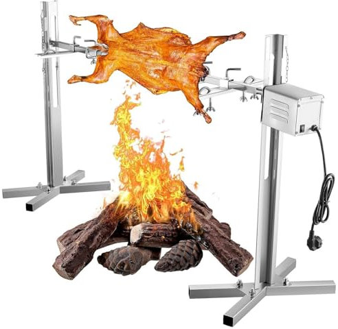 Ensemble de brochettes électrique, 118 cm, brochette rotative INCL. 4 x Aiguilles de Viande et Moteur en Acier Inoxydable, 220-240 V, Pince de Viande Barbecue, rôti, brochette rotative pour Les Feux