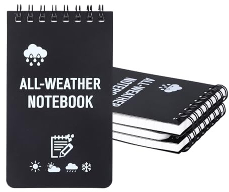 ROOMHUAWAY 4 Stück Wasserdichtes Notizbuch Notizblock Klein mit Top-Spirale | Tragbarer Block als Allwetter-Notizblock für Outdoor-Aktivitäten & Taktische Kurzschrift(Black)