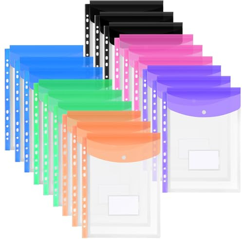 OFFCUP Perforerade expanderbara fickor, 18 st A4-plånbok i plast, transparent plastfodral med automatiska knappar och etiketter, 6 färger (vertikal sektion)