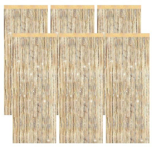 Katslyn 6 Pcs Champagne Gold Glitter Curtain 3.2ftx6.5ft Tinsel Curtains Gold Birthday Decorations Metallic Tinsel Door Hanging Foil Flow Door Streamers For Birthday Wedding Holiday Party