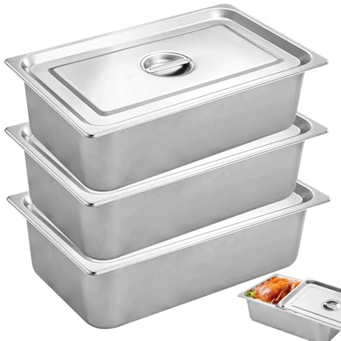 Panierschalen Set 3-teilig Edelstahl GN 1/2 Behälter, Gastronormbehälter mit Deckel 32,5 x 26,5 x 6,5 cm, Panier-Set für Schnitzel, Fleisch, Fisch, Metall Panierstraße Rechteckig