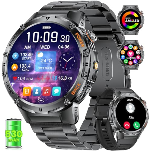 Smartwatch Herren Militär, 1.43'' AMOLED Sportuhr Herren mit Telefonfunktion, 132 Sportmodi, IP68 Wasserdicht Fitnessuhr mit Herzfrequenz/Schlafmonitor, 256 MB RAM, 530mAh großer Akku für Android iOS