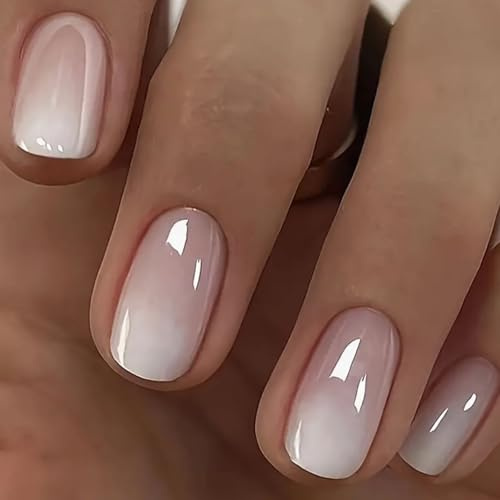 Viugex 24 Stück Nägel Zum Aufkleben Kurz Eckig, Rosa Weiß Farbverlauf French Press on Nails, Wiederverwendbare Natürlich Falsche Nägel, Ballerina Acryl Full Cover Kunstnägel Selbstklebende für Frauen