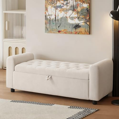 48 Ottoman with Storage, Tufted Storage Ottoman Bench, Convenient Living Room Fabrics Bench Seat, Entryway Shoe Benches with Inner Zipper & Arm, Rivetless Upholstered Window Seat Ottomans, Beige