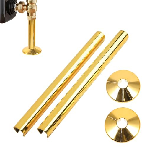 2 Pack Bathrooms Radiator Pipe Covers and Collars,15mm Gold Radiator Pipe Covers & 15*200mm Clip-On Radiator Pipe Collars for Copper,Brushed Brass Texture,PEX & PB Pipes,Easy Fit Decorative Trim Kit