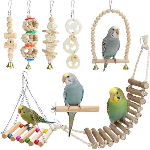 Vogelspielzeug 8 Stück Wellensittich Spielzeug Papageienspielzeug | Natürliches Vogelspielzeug aus Holz | Robustes Käfig-Zubehör | Zum Beschäftigen von Wellensittichen und Papageien