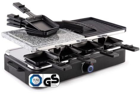 Raclette Grill für 8 Personen elektrisch TÜV/GS-Zeichen Raclettegrill Antihaftbeschichtung Tischgrill Grillplatte antihaftbeschichtet 8 Pfannen und Spatel 1400 W