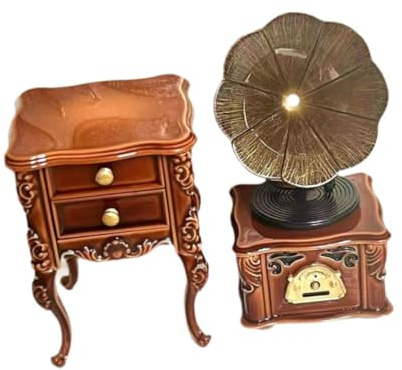 QUILSTM Mini grammofono per casa delle bambole, comodini in Per scala 1/12, comodino in miniatura retrò, accessori musicali per bambole, mobili per casa delle, tavolo con