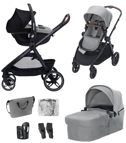 Maxi-Cosi Zelia Select+, Barnvagn 3-in-1 Resesystem med Bilbarnstol, 0–4 år (0–22 kg), Sittvagn Hopfällbar med en Hand, Vändbar Liggdel, med CabrioFix S i-Size Baby Bilbarnstol, Grå
