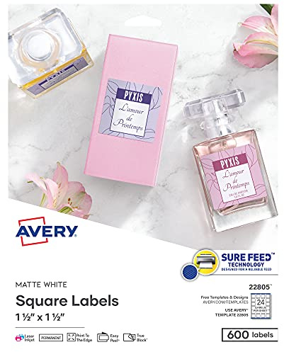 Avery® Printable Blank Square Labels, 1.5 x 1.5, Matte White, 600 Customizable Labels (22805)