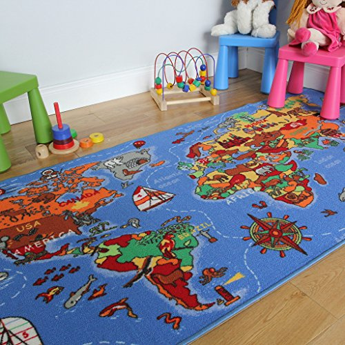 The Rug House Lehrreiche UNTERHALTSAME farbenfrohe Weltkarte Spielteppich Länder & Meere Kinderteppich 95x200cm