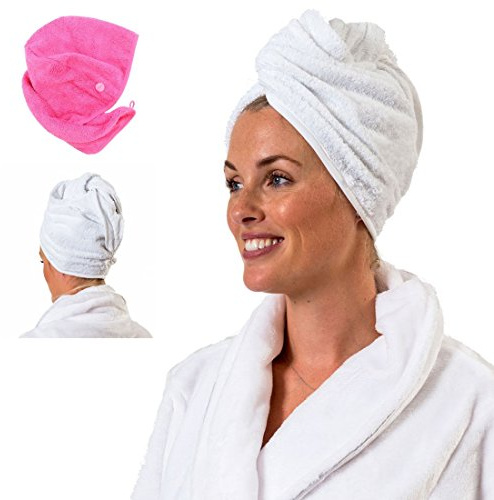 aztex Luxus Haarturban, Kopfwickel, Haartrockentuch mit Schlaufe und Knopfverschluss, saugfähige und leichte Baumwolle, mehrere Farben, 64 x 23 cm - Weiß