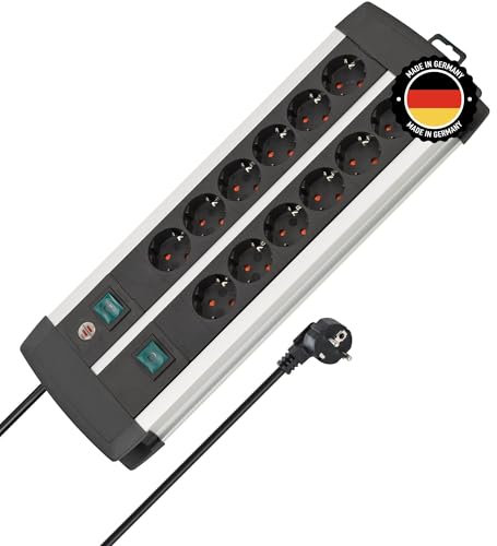 Brennenstuhl Premium-Alu-Line Steckdosenleiste 12-Fach/Mehrfachsteckdose aus hochwertigem Aluminium (mit 2 Schaltern für je 6 Steckdosen und 3m Kabel, Made in Germany)