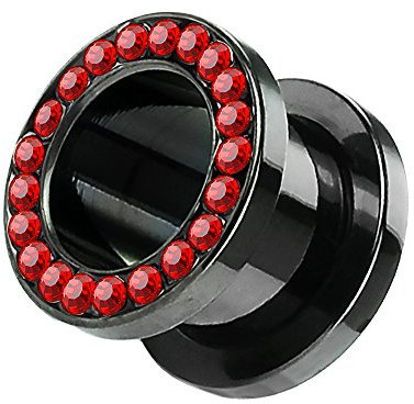 Piercingfaktor Flesh Tunnel Schraub Plug Ohr Piercing Edelstahl Titan mit Schraubverschluss Zirkonia Kristallen Strass Steinen 2,4mm Schwarz rote Kristalle