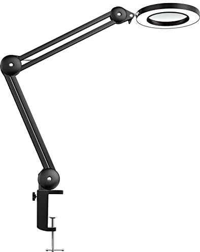 Beyamz - Lampada d'ingrandimento a LED, lampada da scrivania per impieghi gravosi, lente in vetro a 5 diottrie da 125 mm con luci dimmerabili a 3 modalità colore